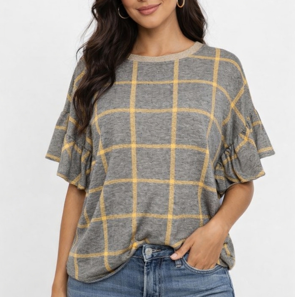 Ivy Jane Gray Mustard Windowpane Plaid Ruffle Sleeve Top XS Oversized Boxy Boho